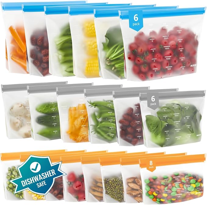 IDEATECH Reusable Bags Dishwasher Safe, BPA Free Reusable Gallon Freezer Bags, Stand Up Leakproof Food Storage Bags for Marinate Meats, Salad Fruit, Home Organization 6 Large+ 6 Sandwich+ 8 Snack Bags