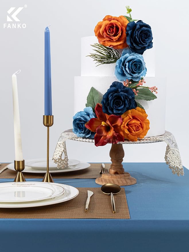 FANKO Artificial Flowers for DIY, Dusty Blue Navy Burnt Orange Faux Flowers Bouquet, Fake Rose Lily Silk Flowers for Vase, Home Decor, Celebrations, Summer Wedding, Rustic Events, Party