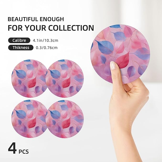 Pink Blue Leaves Coasters Set of 4 Absorbent Ceramic Coasters for Drinks Modern Cup Coaster with Cork Backing Cute Stone Coaster Housewarming Gifts 4.1 Inches