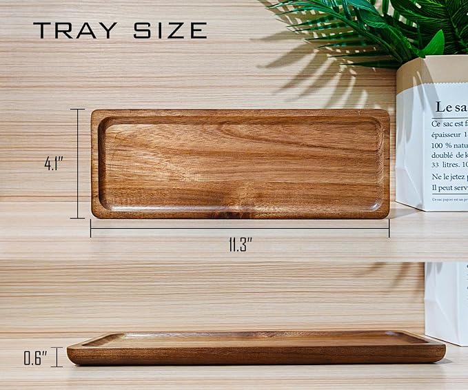 Small Wooden Mini Tray (11.3 x 4.1 inch) 6 Pack Rectangular | Tiny Tray for Serving Coffee Tables, Dessert, Snack, Fruit, Acacia Wood Platter for Vegetable, Decor Restaurant