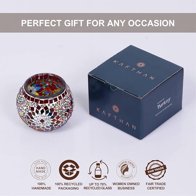 KAFTHAN Mosaic Glass Large Single Candle Holder - Round Bowl, Plant Pot, Votive Candle Holder - Decorative Vase & Unique Centerpiece for Wedding, Ball & Home - (3.7" x 3.5", Multicolor Star Circle)