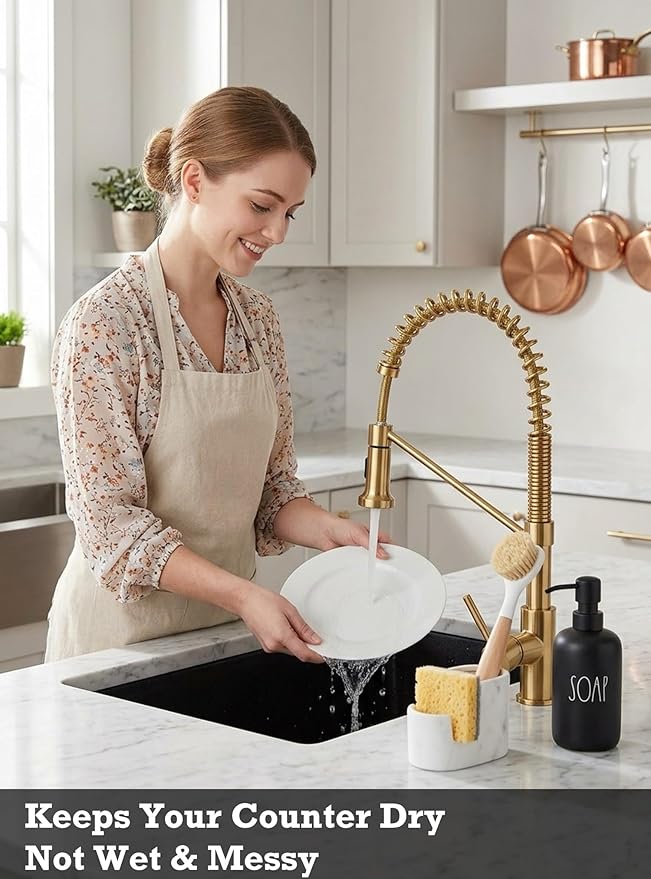 Ceramic Sponge Holder for Kitchen Sink, 2-in-1 Sponge & Brush Organizer, Compact Sink Caddy with Raised Edge to Catch Drips, Keeps Countertops Dry, Dishwasher Safe, Rustproof, White