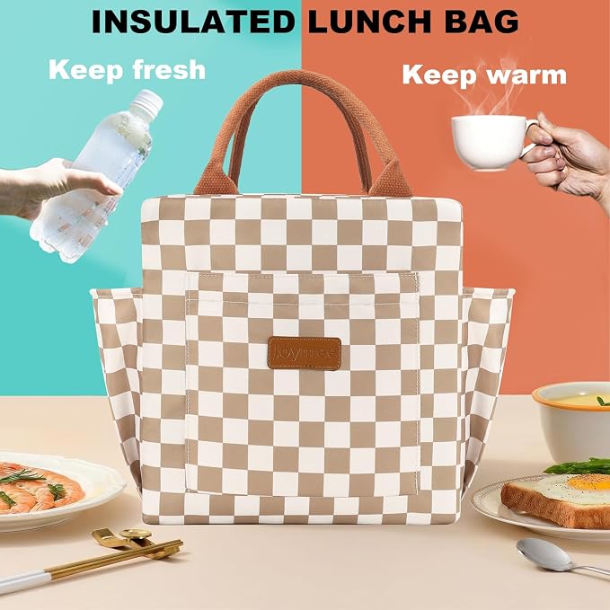 Joymee Lunch Bag Women, Reusable Leakproof Cooler Tote - Checker Brown | Spacious Storage, Bottle Holder & Pockets, Leakproof Insulated, for Work, Travel, Picnic, Daily Use, for Adult