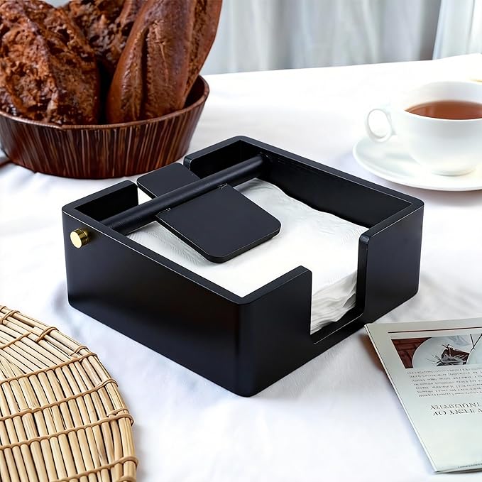Natural Pine Napkin Holder for Table, Napkin Dispenser, Decorative Beverage Napkin Holder for Kitchen, Home,Bar (Black)