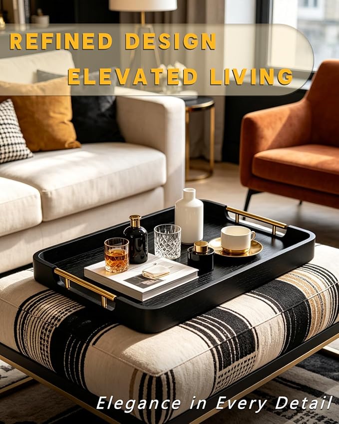 22" x 15.75" Black Wooden Serving Tray with Gold Metal Handles & Rounded Corners, Large Rectangular Wood Ottoman Tray for Living Room, Coffee Station