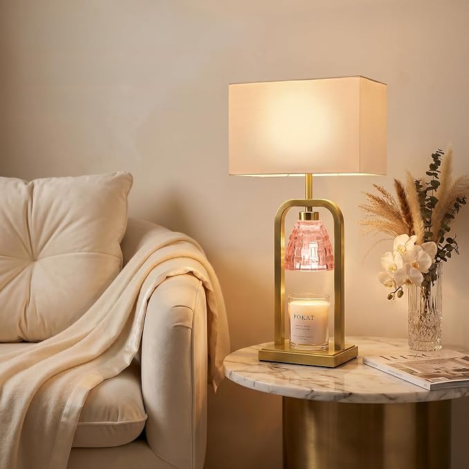 PoKat 21.5'' Pink Candle Warmer Lamp with Timer Dimmer, Modern Wax Light Warming Table Lamp for Jar Candles, Candle Melter Lamp for Living Room, Bedside Lamp for Bedroom Home Decor Gift, Bulb Included