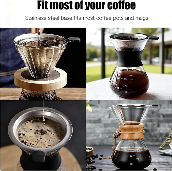 Double Mesh Pour Over Coffee Filter Set - 600+800 Mesh Reusable Stainless Steel Coffee Filter with Detachable Handle, Easy Clean, 2-in-1 for Drip/Cold Brew/Espresso,Fits Most V60/Chemex Brewers