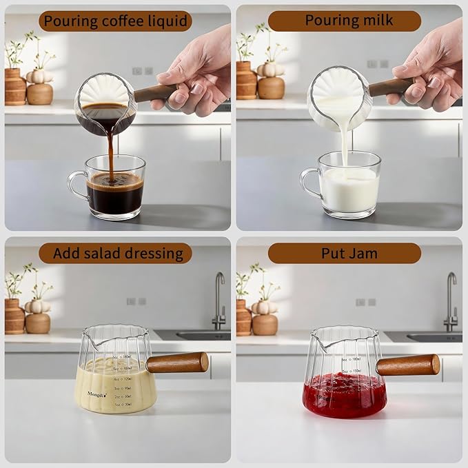 Mongdio 6OZ Espresso Shot Cup, Espresso Measuring Cup with Wooden Handle, Glass Measuring Cup with Dual Scale Markings, Coffee Essentials for Coffee, Milk