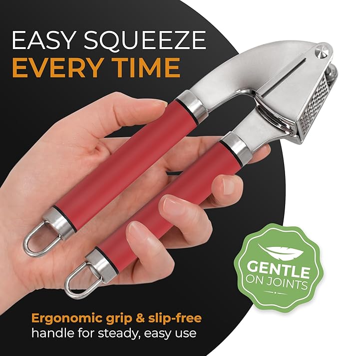 ORBLUE Garlic Press and Peeler Set, Stainless Steel - Professional Grade Mincer, Crusher - Dishwasher Safe & Rust-proof, Red