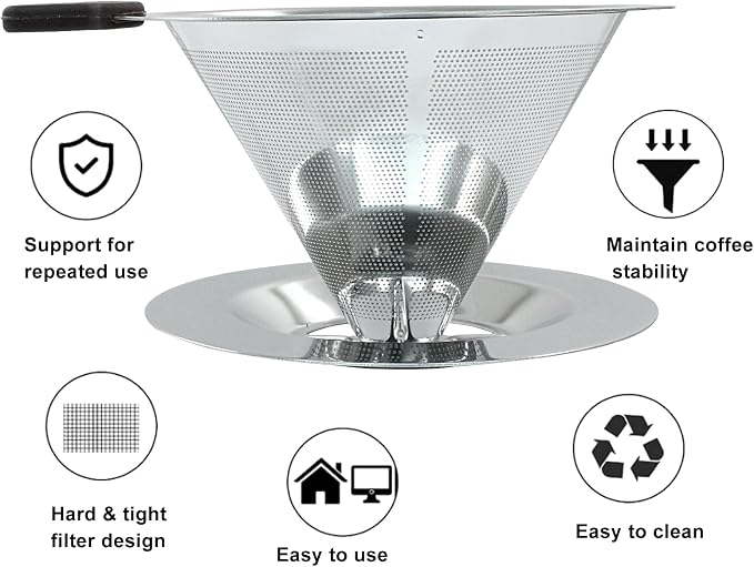 Waziaqoc Pour Over Coffee Dripper, Reusable Paperless Coffee Filter for 1-2 Cups, Stainless Steel Drip Cone Brew Coffee Strainer,Upgraded Double Micro Mesh Filter with Cup Stand