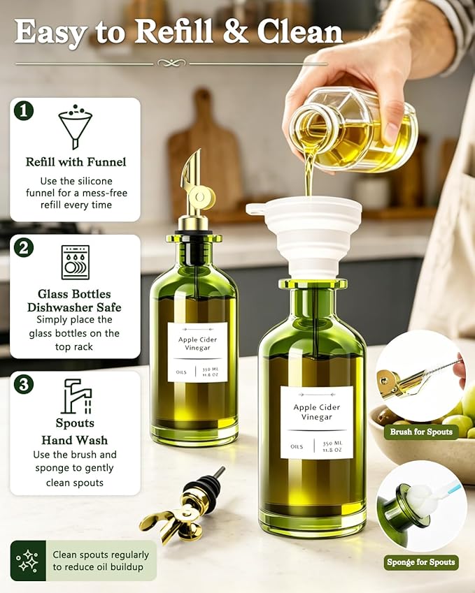 COOLMI Olive Oil Dispenser Set of 2, Dark Green Glass Bottles, 12 oz | Gold Auto-Flip Spouts, Funnel, 2 Cleaning Brushes, and 45 Labels for Olive Oil, Vinegar, and Avocado Oil