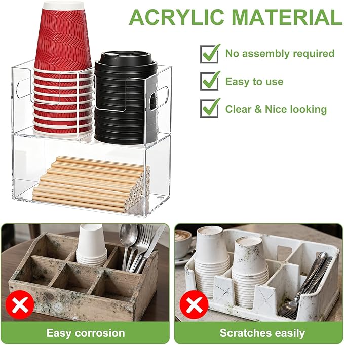MYITYARD Cup Storage Organizer, Coffee Station Caddy, Clear Acrylic Cup and Lid Holder, Coffee Condiment Bar Accessories for Pods, Sugar, Creamer, Syrup, 3 Compartments, 8.3 x 4.3 x 7.9 Inches