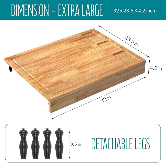 Extra Large Solid Wooden Cutting Board and Stovetop Cover, 3 in 1 Stove Top Cover Chopping Board with Detachable Legs and Juice Groove, Sink Cover Board (1, Light Brown)