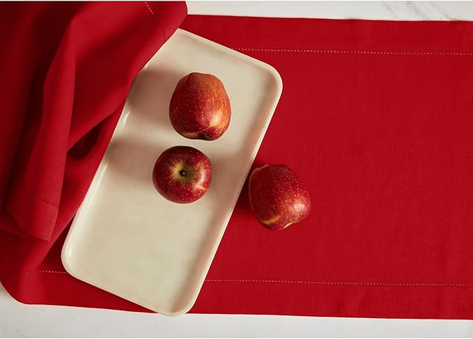 Solino Home Linen Red Table Runner 48 Inches - Sonoma Hemstitch, 100% Pure Linen Coffee Table Runner 14 x 48 Inch Ideal for Dresser Tables - 4th of July
