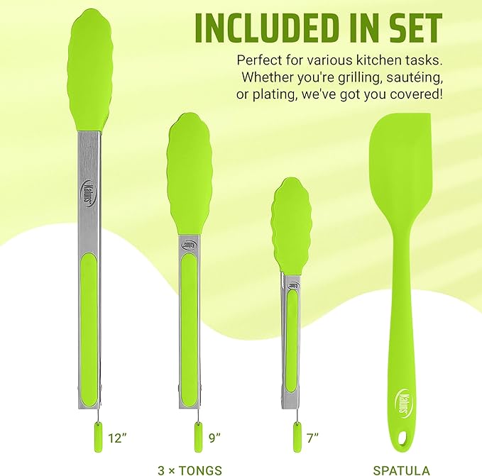 Kaluns Kitchen Tongs for Cooking Grilling Set of 4, BBQ Grill Tongs With Silicone Tip Stainless Steel Heat Resistant, Non-stick Pull Lock, Incl 7, 9, 12 Inch Tong Plus a Silicone Spatula
