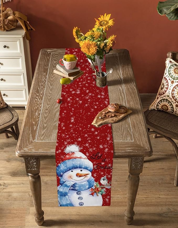 Snowman Christmas Table Runner - 90 Inch Long, Red Xmas Winter Snowflake Dining Table Runner Dresser Scarves, Rustic Let Snow Bird Christmas Decor for Coffee Table Wedding Party Banquet, 13x90 in