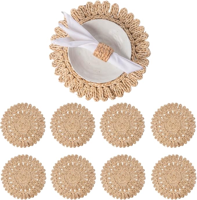 Laquedecraft 13.8" Set of 8 Round Corn Husk Placemats | Boho Woven Rattan Table Mats | Farmhouse Wicker Spring Plate Chargers Like Water Hyacinth, Seagrass for Wedding, Party, Christmas, Events