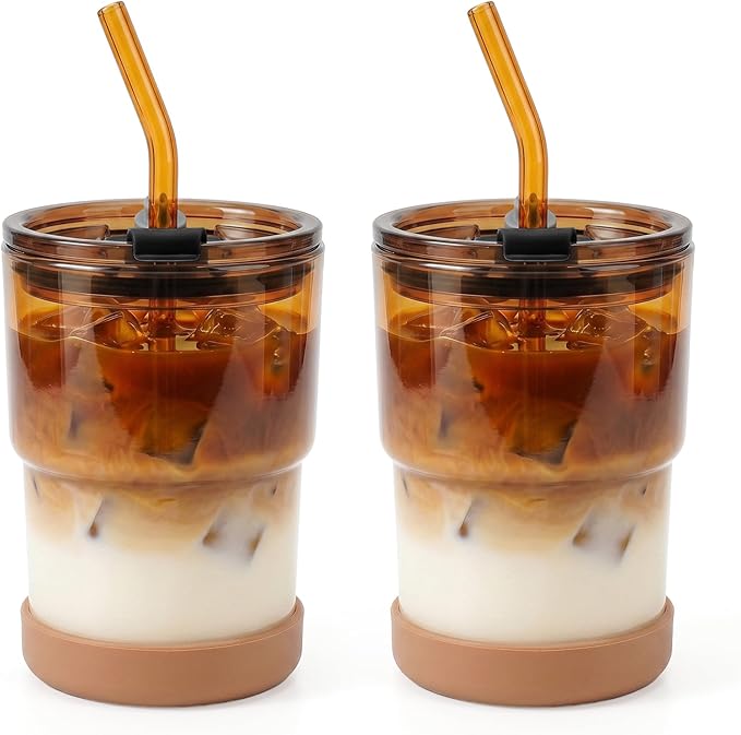 13 Oz Glass Cups with Lids and Straws, Reusable Iced Coffee Water Tumblers, Sealed Carry-On Thick Wall Drinking Cups for Cold Brew, Smoothie, Juice (2 Pack-Amber)