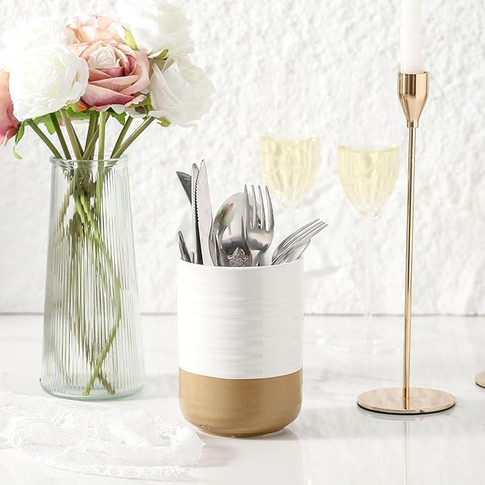 HASENSE Ceramic Utensil Holder for Counter, 7.4"+5.5" Large Kitchen Utensil Organizer for Kitchen Utensil, White Cooking Utensil Crock to Hold Spatulas, Farmhouse Decor, Set of 2