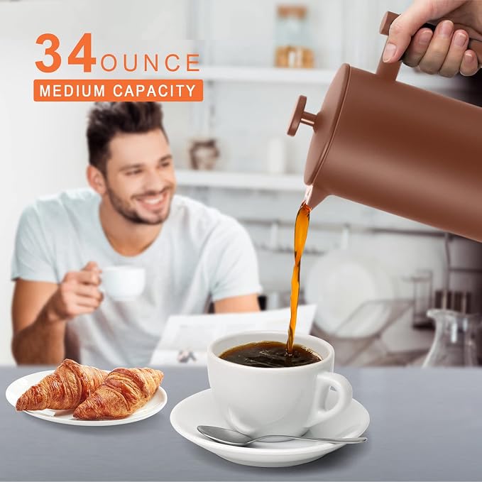 Secura French Press Coffee Maker, 304 Grade Stainless Steel Insulated Coffee Press with 2 Extra Screens, 34oz (1 Litre), Coffee (Pack of 12)