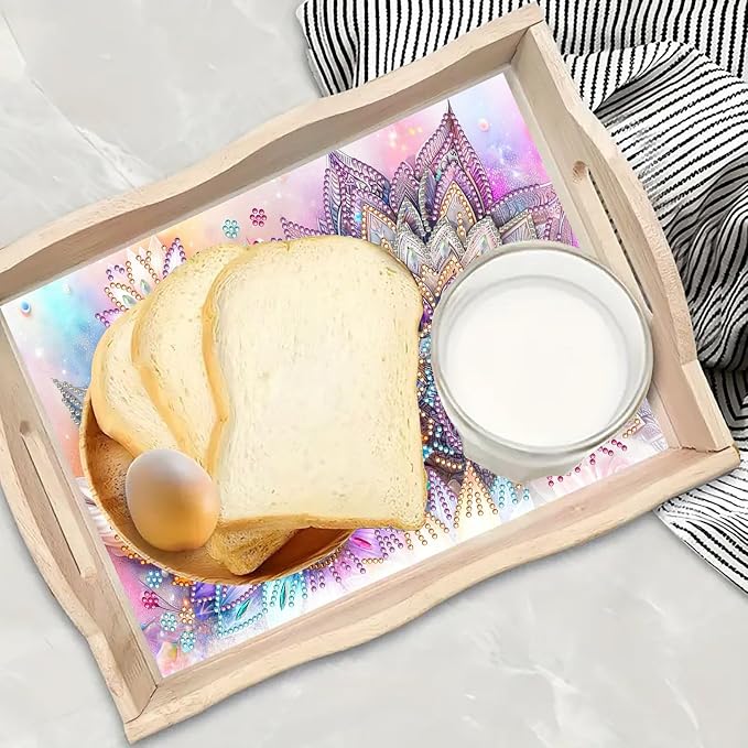 BAYUNOE DIY Diamond Serving Tray Christmas Rectangular Breakfast Tray with Handle Handmade Diamond Art Painting Wooden Tray for Dinner Plate Coffee Room Living Home Organizer-Mandala