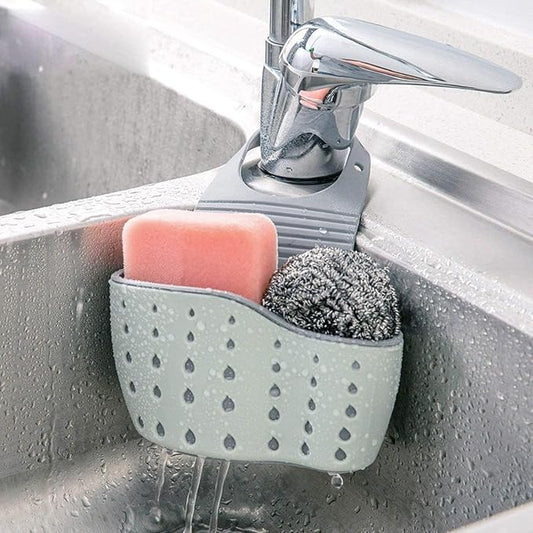 Kitchen Sink Caddy - Silicone Plastic Soap Sponge Holder - BPA-free Rack - Faucet Caddy with Drain Holes for Drying - Adjustable Hanging Strap (Light Green)
