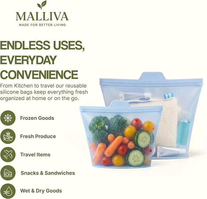 Reusable Silicone Food Storage Bags, 3 Pack (17oz, 34oz & 51oz), Stand Up Ziplock Bags for Meal Prep, Snacks & Sandwiches, Travel, BPA Free, Freezer, Microwave & Dishwasher Safe