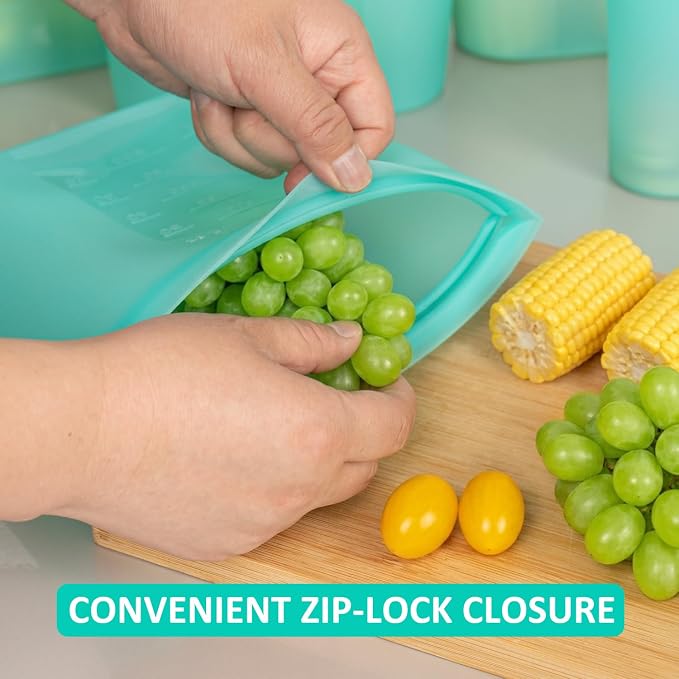 Reusable Food Bags, 12 Pack 100% Silicone Food Storage Bags Stand Up Zip Lock Container, Freezer Microwave Oven Dishwasher Safe, 4 Medium 4 Small 4 Extra Small, Aqua