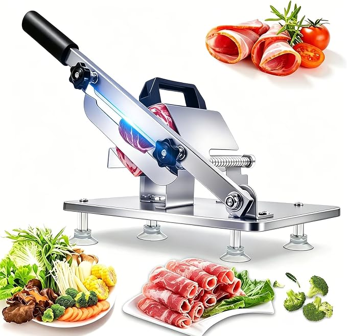Manual Meat Slicer Frozen Meat Cutter Upgraded Stainless Steel Meat Cleavers Beef Mutton Roll Slicing Machine Vegetable Meat Slicer for Home Cooking Hotpot Shabu CNH2(Silver,16.7"x6.7")