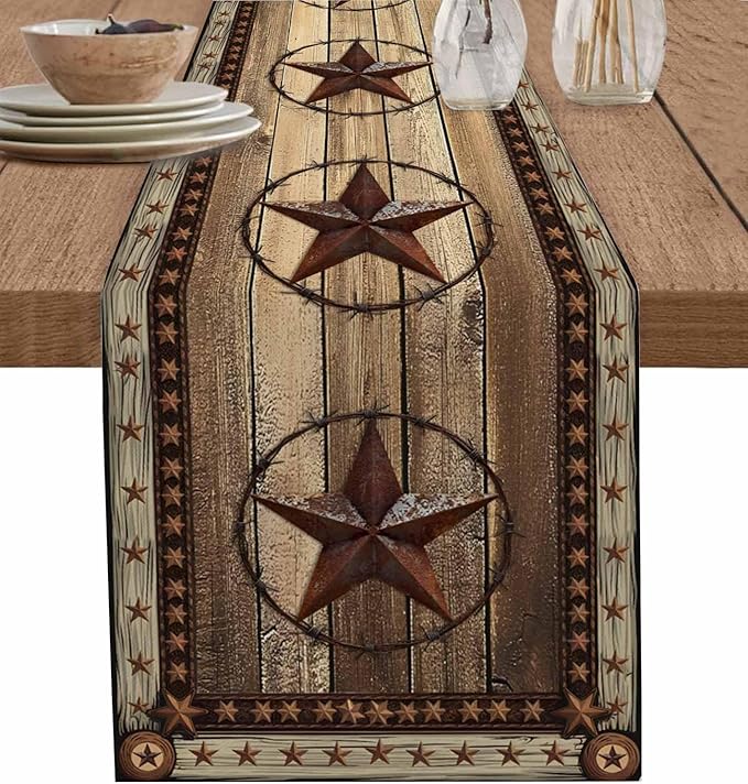 Western Farmhouse Table Runner 70 Inch Long Dresser Scarves Primitive Rustic Cotton Linen Tablerunners Country Retro Texas Star Dining Kitchen Burlap Table Setting Decor for Party Holiday, 13"x70"