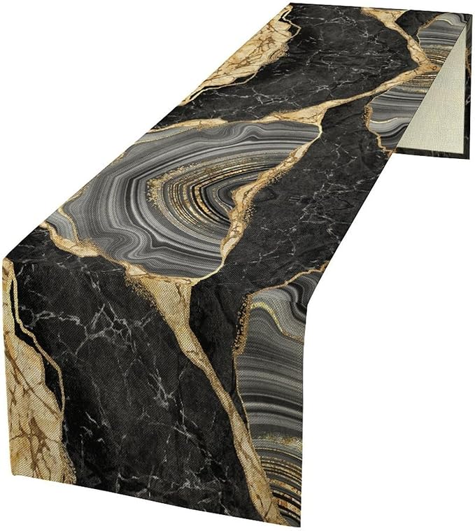 Marble Table Runner, Black Grey and Gold Abstract Modern Luxury Texture Printed Linen Table Runners for Farmhouse Kitchen Dining Room Party Holiday Decor 13" W x 90" L