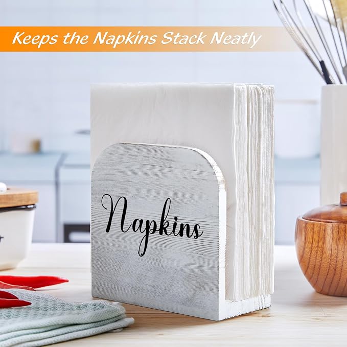 ALELION White-washed Wood Napkin Holder for Table, Wooden Upright Napkin Holders for Kitchen, Standing Napkin Dispenser for Rustic Kitchen Dining Room Party Cocktail Outdoor Decor