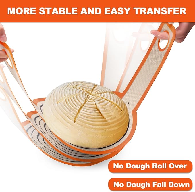 Silicone Bread Sling Dutch Oven - Best Japan Silicone. Non-Stick & Easy Clean Reusable Bread Baking Mat. With Extra Long Handles Bread Baking Sheet Liner, 2 Orange Set for Transferable Dough
