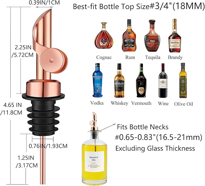 Pafusen 6 Pack Auto Flip Olive Oil Dispenser, Liquor Pour Spout, Oil Dispenser for Kitchen, Easily Turn Your Bottles into Dispensers for Liquor, Coffee Syrup or Oils, Weighted Pourer, Rose Gold