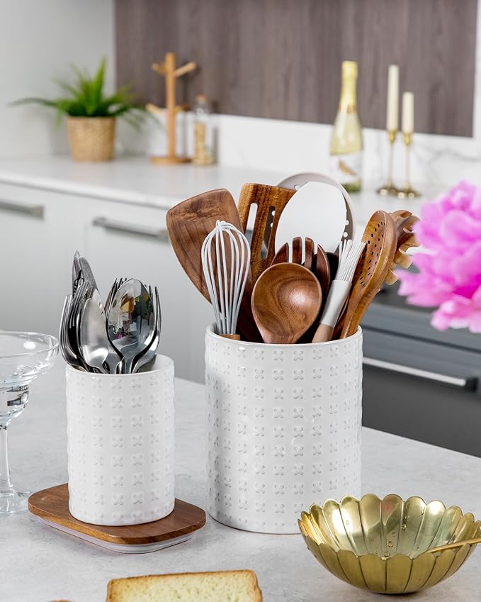 Nucookery Utensil Holder for Kitchen Counter, White Large Stable Ceramic Cooking Utensil Crock for Countertop Organizer, Farmhouse Decor, Set of 2, 7.1"&5.4", Christmas Thanksgiving Gift, X-Texture