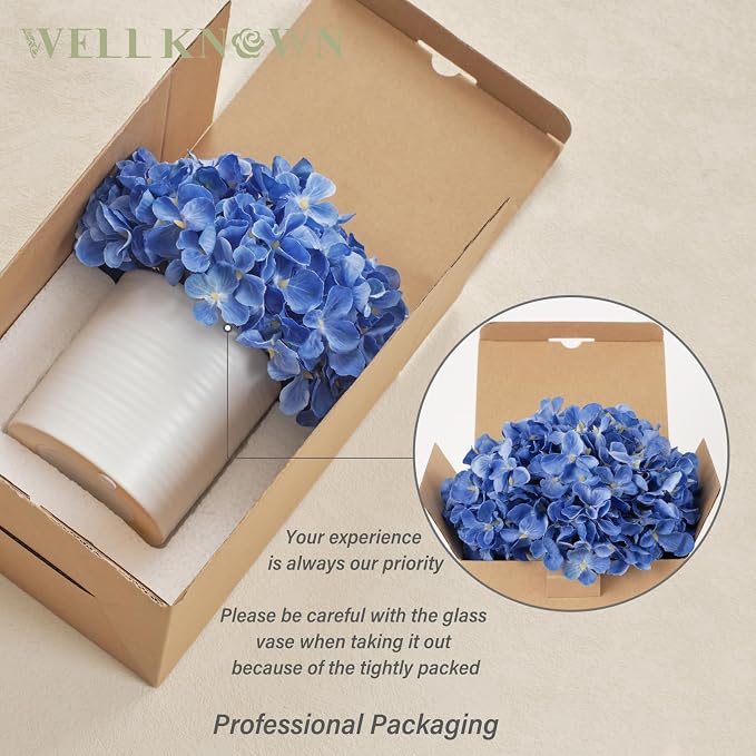 Blue Hydrangea Fake Flowers in Vase, Artificial Flowers with Ceramic Vase, Small Faux Potted Floral Arrangements for Home Bathroom Kitchen Office Coffee Table Wedding Party Centerpiece Decor & Gift