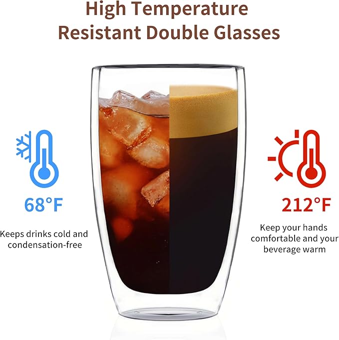 MESNEY 17oz Double Walled Glass Coffee Mugs, Glass Coffee Mugs Set of 6, Insulated Clear Cappuccino Latte Mugs for Home, Cafe & Restaurant, Durable Stackable Drinking Glasses