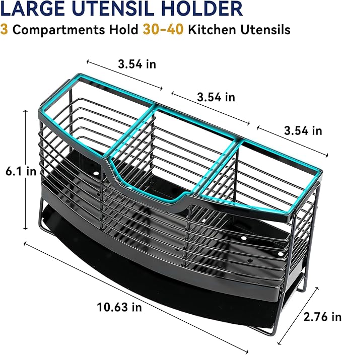 Utensil Holder, Stainless Steel Utensil Drying Rack with Automatic Drain Tray for Kitchen Counter, 3 Compartments Silverware Spoon Holder Cutlery Storage Organizer, Black
