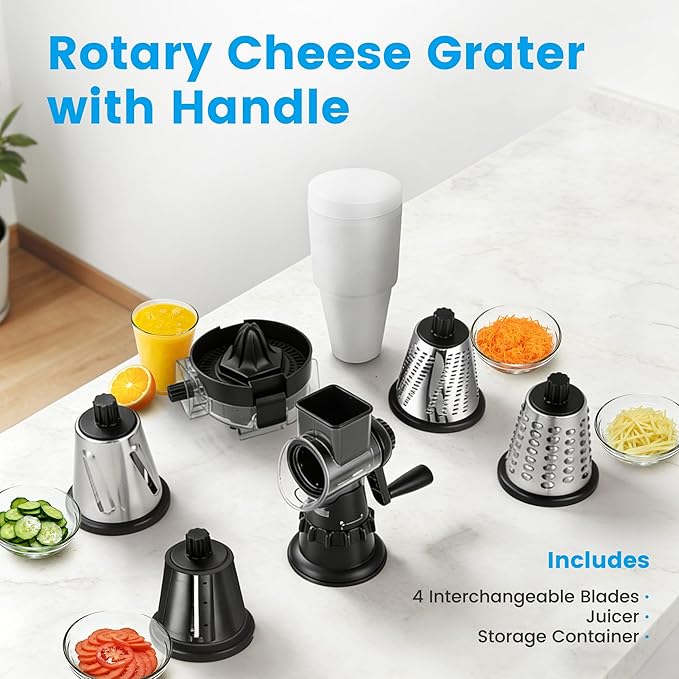Rotary Cheese Grater Hand Crank, Vegetable Slicer with 5 Blades, Stable Suction, Labor-Saving Handle, Cheese Shredder for Potato Vegetables Nuts Chocolate, Black