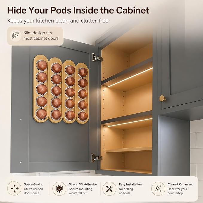 Bamboo Coffee Pod Holder, Adhesive Wall Mount (No Drilling) for Inside Cabinet Door, 20-Capsule Storage (Set of 4), Vertical & Horizontal, Compatible with Nespresso Vertuo Line-Bamboo Brown