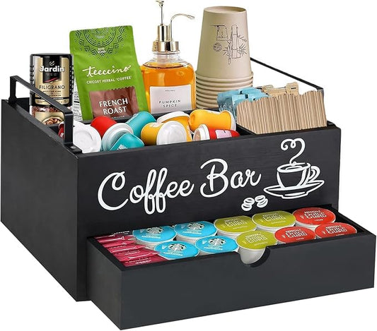 Wood Coffee Bar Organizer with Handle, Coffee Station for Countertop, Bar Station Accessories for Decor, 5 Countertop Storage Accessories Tea Bag Organizer (Double-Deck)