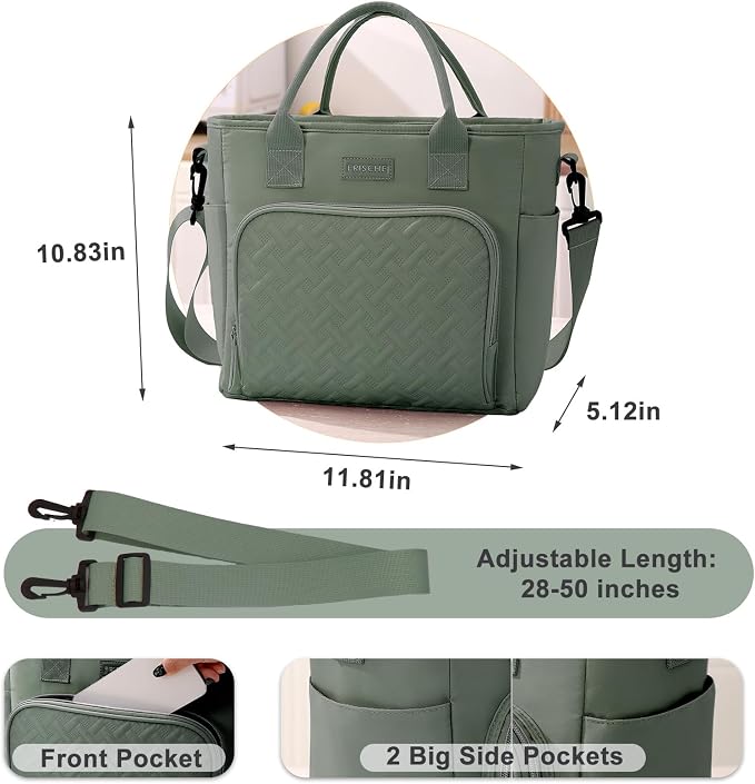 Insulated Lunch Bag for Men Women, Large Leakproof Cooler Bag with Removable Strap, Lunch Box, Reusable Adult Lunch Tote for Work, Picnic and Travel - Army Green