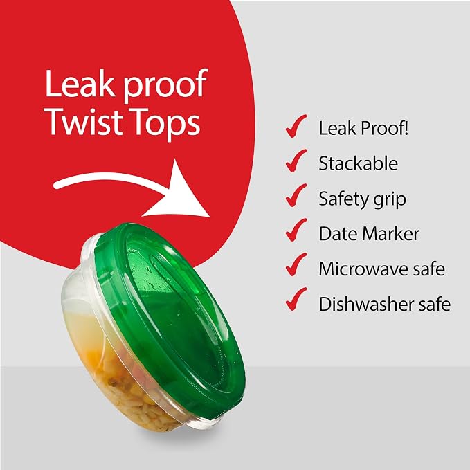 PLASTICPRO 12 Pack Twist Cap Food Storage Containers with Green Screw on Lid- 8 oz Reusable Meal Prep Containers - Freezer and Microwave Safe Green Plastic Food Storage