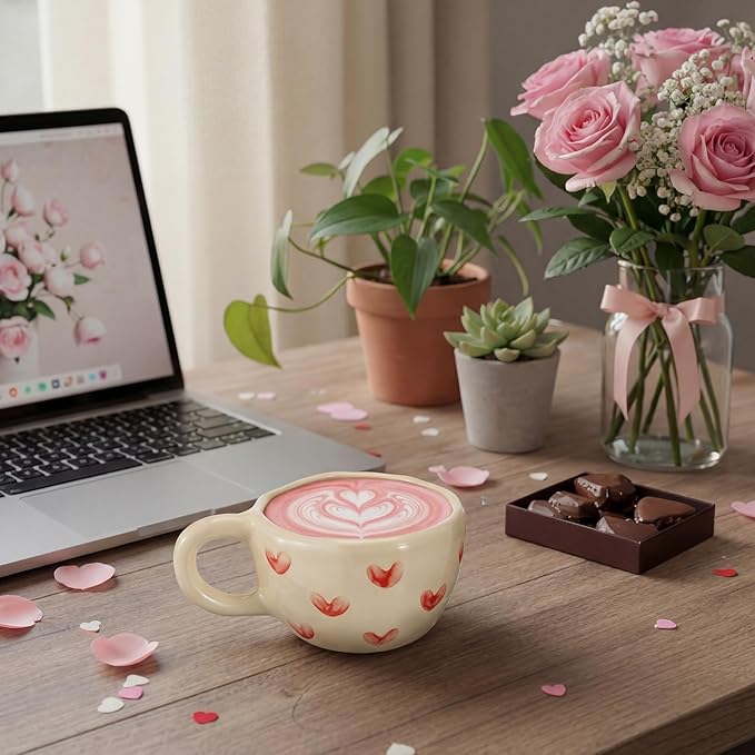 Vesici 2 Pcs Ceramic Coffee Mugs with Spoon, Vintage Floral Spring Mugs with Handle, 8.5 oz Aesthetic Flower Porcelain Tea Cup Set, Dishwasher & Microwave Safe Mothers Day Gifts for Mom(Heart,Rose)
