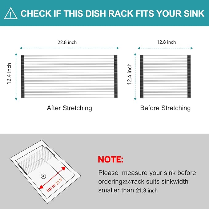Extra Large Expandable Roll Up Dish Drying Rack,Over The Sink Drying Rack Sink Cover Kitchen Sink Accessories Kitchen Rolling up Stainless Steel Drainer, Foldable,Rollable（Black，22.8''-12.4''）