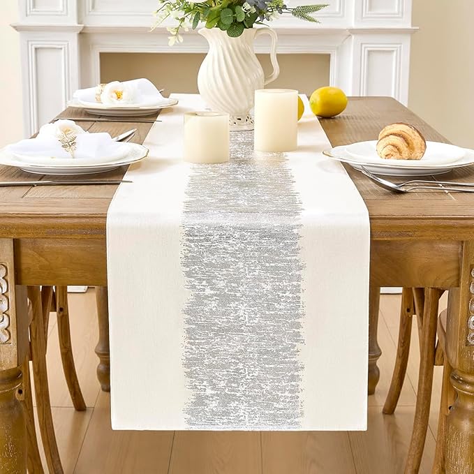 Metallic Style Table Runner, Cotton and Linen Silver Table Runners 60 inches Long,Pre-Pressed Metal Striping Process, Birthday Wedding Decorations for Home Living Room Decor(Silver, 13"x60")