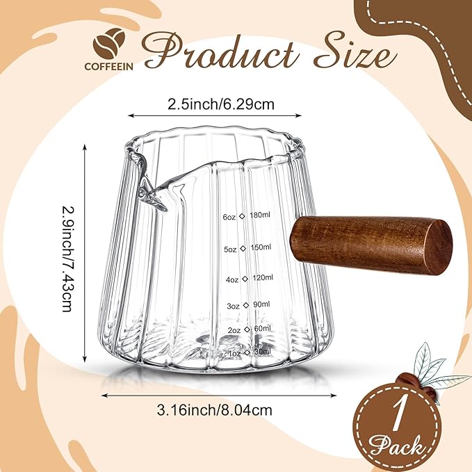 Jingmore 1 Pcs Espresso Shot Glass with Handle, 6 oz/180 ml Espresso Cup with Single V-shaped Mouth, Measuring Cup for Milk Tea Coffee Bar Accessories (Clear)