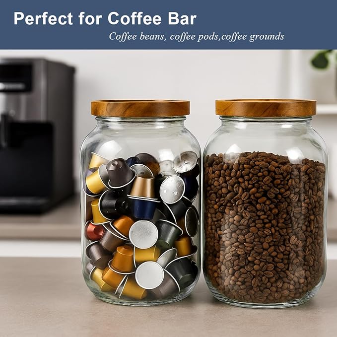 2 Pack Glass Flour Sugar Storage Containers with Acacia Wooden Lid, 1 Gallon Glass Jars with Airtight Lid, Wide Mouth Large Mason Jars 128oz for Rice, Pasta, Oats, Coffee Storage