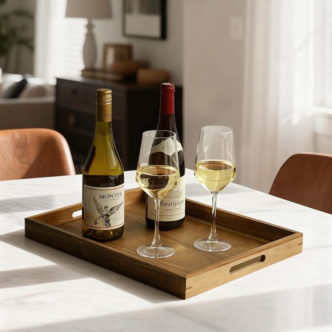 17 inch Acacia Wood Serving Tray with Handles, Decorative Display Tray for Coffee Table, Breakfast in Bed, Food Dinner