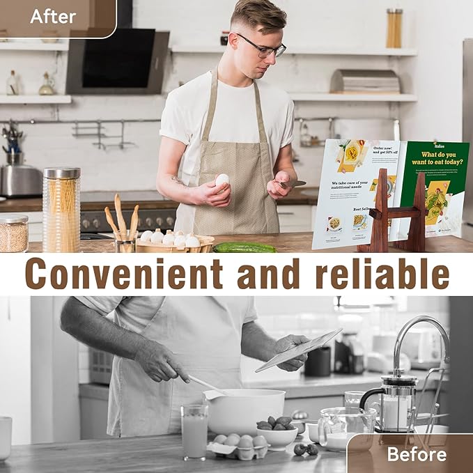 DEBETOOL Cookbook Stand for Kitchen - 8.8 inch Wooden Cookbook Holder for Kitchen Counter Decor, Multifunctional Recipe Book Stand, Rustic Brown Recipe Book Holder Stand
